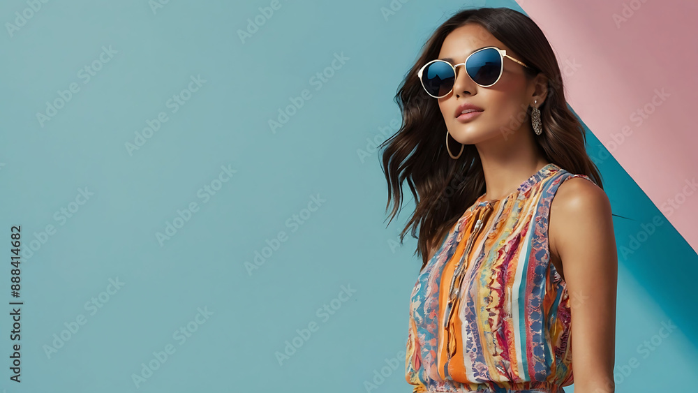 Fototapeta premium A fashion model wearing colorful summer dress and sunglasses, posing against an isolated blue background with space for text or product placement