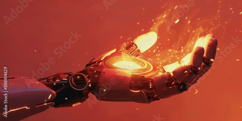 Robotic Hand Emitting Flames Against Red Background