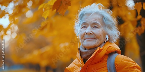 Senior Woman Smiling While Listening to Music in Autumn Park