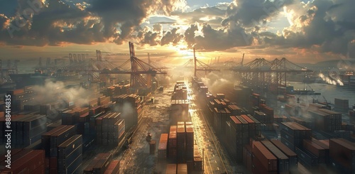 Sunset View of a Busy Container Port With Cranes and Cargo Ships