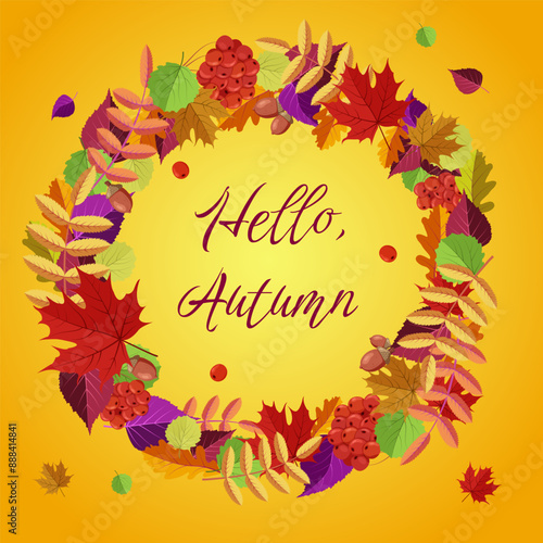 Autumn mood greeting card poster template.  ard with aimages of leaves, acorns, rowan berries. Vector illustration photo