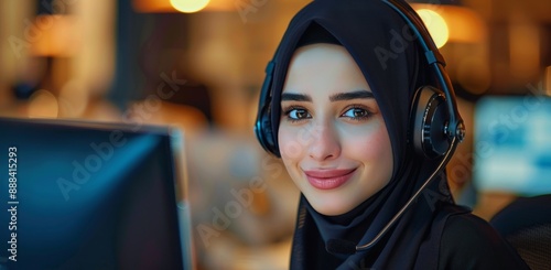 Young Woman in Hijab Wearing Headphones and Working at a Computer in an Office