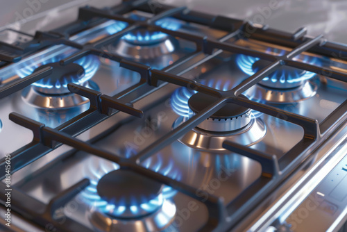 Stainless steel gas stove with burnished, blue flames, captured in a modern kitchen setting, highlighting clean lines and precise design. © Victor Bertrand