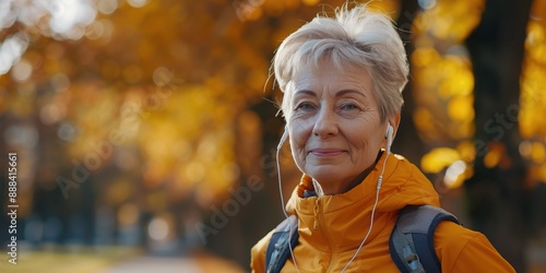 Senior Woman Smiling While Listening to Music in Autumn Park