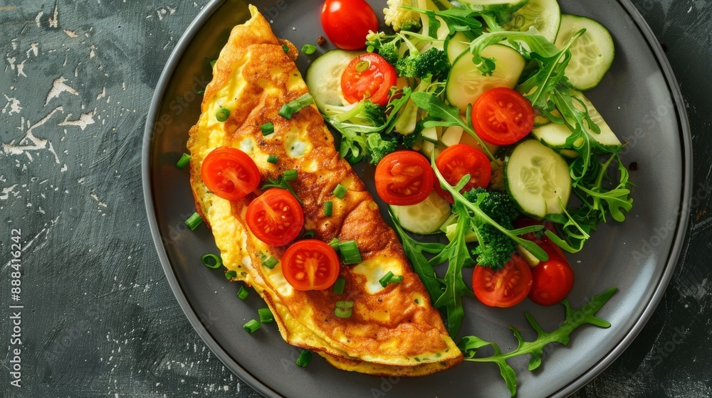 A plate with an omelet, fresh vegetables, and some lean protein generative ai A plate with an omelet, fresh vegetables, and some lean protein generative ai