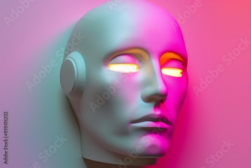 Futuristic closeup of a mannequin head with neon lights capturing advanced technology mystery and modern artistic expression