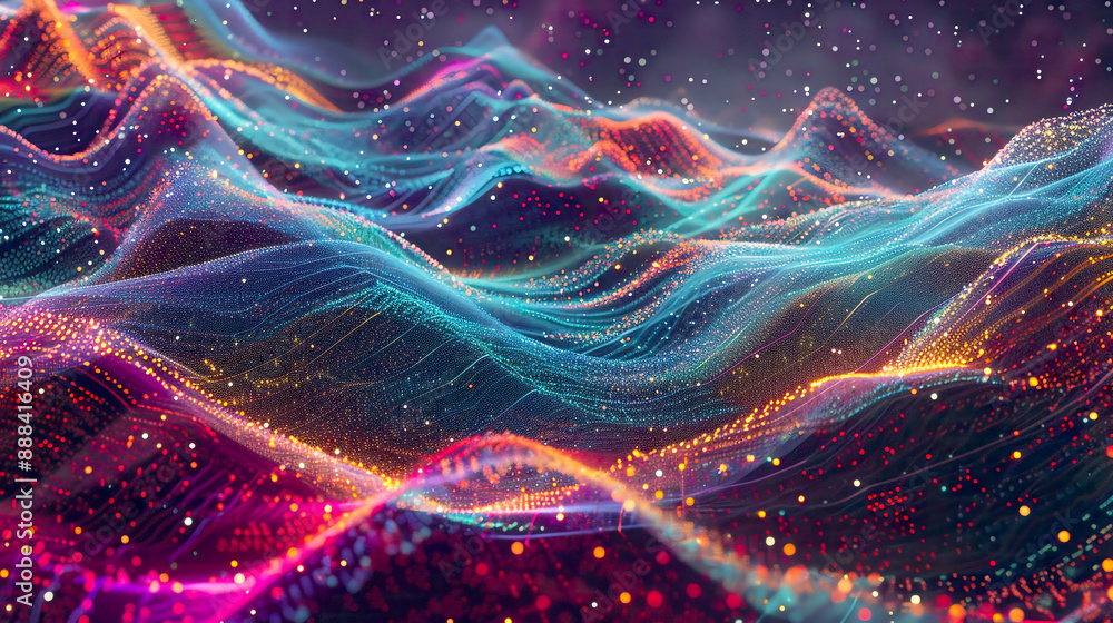 A dynamic and colorful illustration of big data and AI showing the intricate process of data mining analysis and visualization A dynamic and colorful illustration of big data and AI showing the intricate process of data mining analysis and visualization