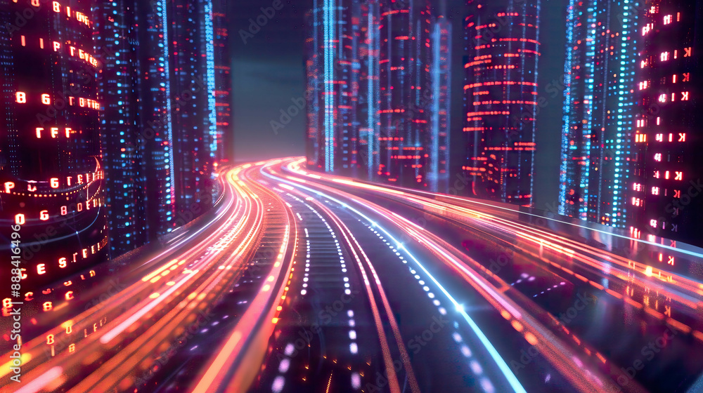 A futuristic 3D rendering of an abstract highway cutting through a city of binary data towers capturing the essence of big data machine learning artificial intelligence and hyper loop technology. A futuristic 3D rendering of an abstract highway cutting through a city of binary data towers capturing the essence of big data machine learning artificial intelligence and hyper loop technology.