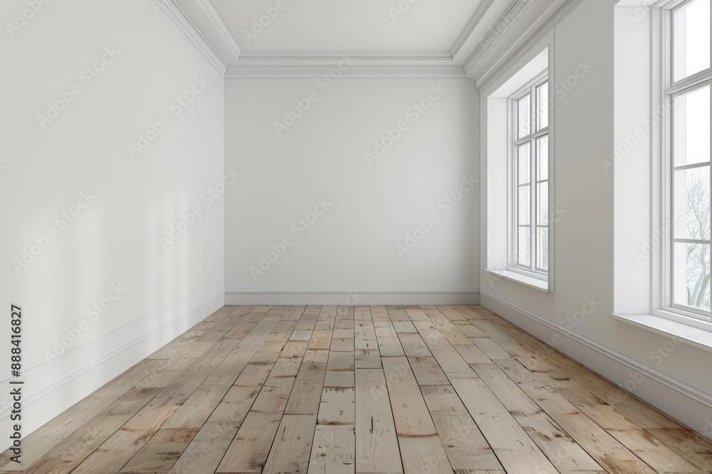 Modern empty room with wooden floor, windows and white plain wall. Contemporary interior background Modern empty room with wooden floor, windows and white plain wall. Contemporary interior background
