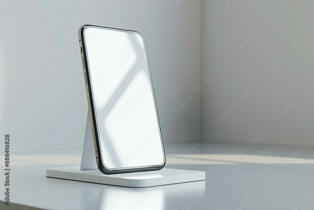 Smartphone with white screen on a bright stand, emphasizing presentation and mockup. 3D illustration Smartphone with white screen on a bright stand, emphasizing presentation and mockup. 3D illustration