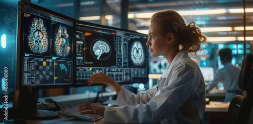 Female Doctor Analyzing Brain Scans on Multiple Monitors in a Modern Medical ...