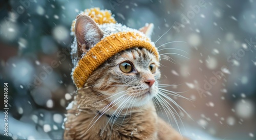 Tabby Cat Wearing a Knit Hat in the Snow