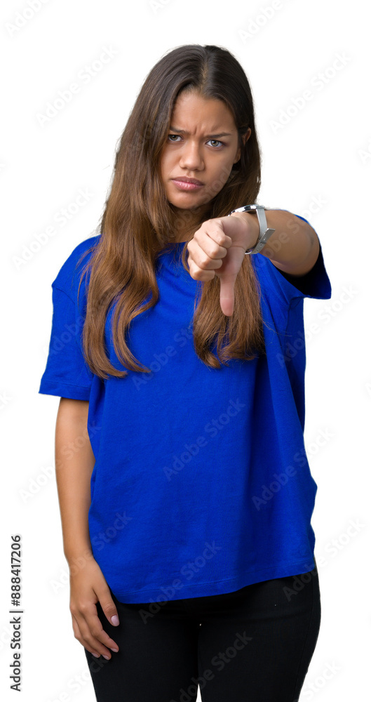 Young beautiful brunette woman wearing blue t-shirt over isolated background looking unhappy and angry showing rejection and negative with thumbs down gesture. Bad expression. Young beautiful brunette woman wearing blue t-shirt over isolated background looking unhappy and angry showing rejection and negative with thumbs down gesture. Bad expression.