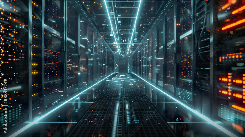 A shot of a data center featuring multiple rows of fully operational server racks. A shot of a data center featuring multiple rows of fully operational server racks.