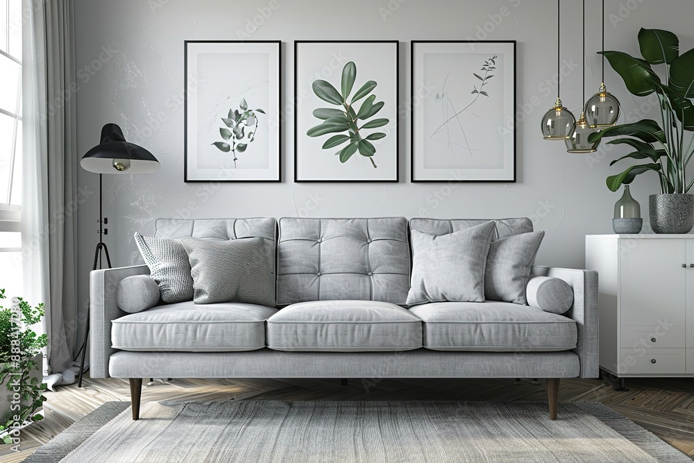 Grey settee near white cupboard in minimal living room interior with posters on the wall. Grey settee near white cupboard in minimal living room interior with posters on the wall.