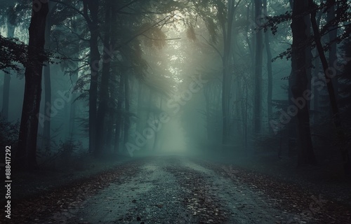 Foggy Road Through a Dense Forest on a Cloudy Day