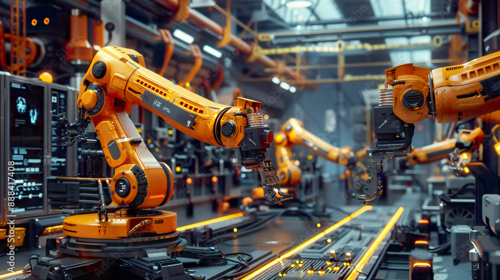 A illustration of smart industry robot arms in a digital factory setting showcasing the automation and advanced manufacturing processes of Industry 4.0 A illustration of smart industry robot arms in a digital factory setting showcasing the automation and advanced manufacturing processes of Industry 4.0