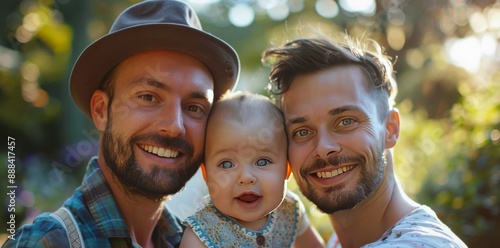Two Men Smiling and Holding a Young Baby in an Autumnal Setting