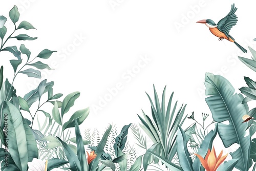 Beautiful retro botanical tropic illustration of a parrot among flowers and plants, background, cover	 photo