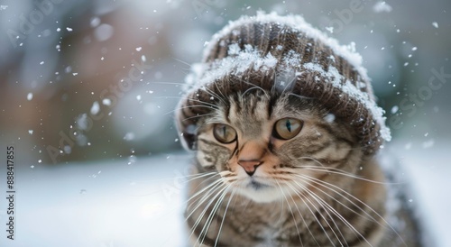 Tabby Cat Wearing a Knit Hat in the Snow