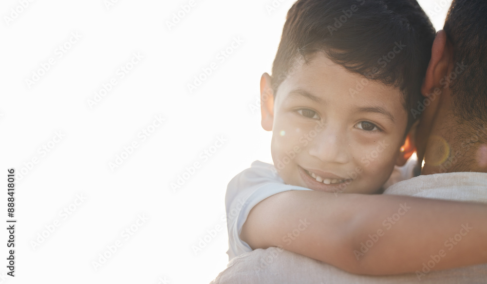 Boy, father and portrait with holding, space and smile outdoor with mockup, light and lens flare in summer. Dad, young child and happy with hug, vacation or holiday in bright sunshine for bonding Boy, father and portrait with holding, space and smile outdoor with mockup, light and lens flare in summer. Dad, young child and happy with hug, vacation or holiday in bright sunshine for bonding