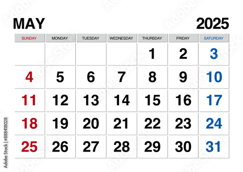 2025年5月のカレンダー日曜始まり日本の祝日表記無し
