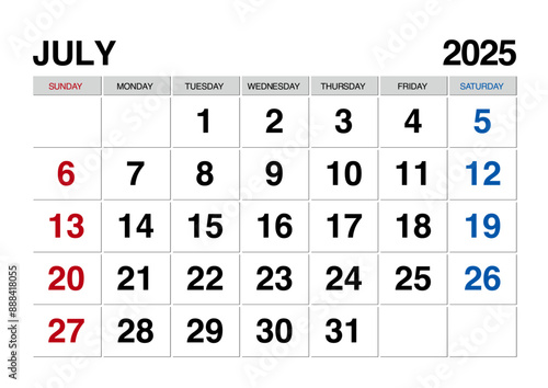 2025年7月のカレンダー日曜始まり日本の祝日表記無し
