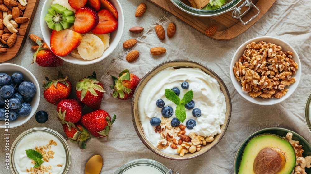 A table with a variety of healthy foods such as fresh fruits, natural yogurt, nuts and vegetables generative ai A table with a variety of healthy foods such as fresh fruits, natural yogurt, nuts and vegetables generative ai
