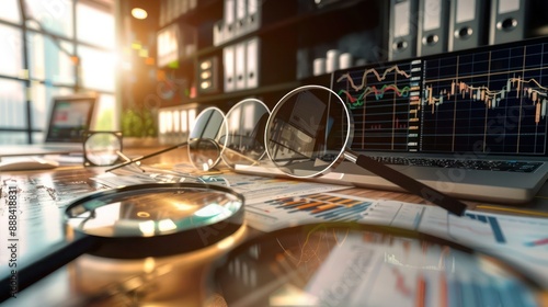 image of a financial detective's office, with magnifying glasses hovering over clues that lead to hidden market insights and opportunities