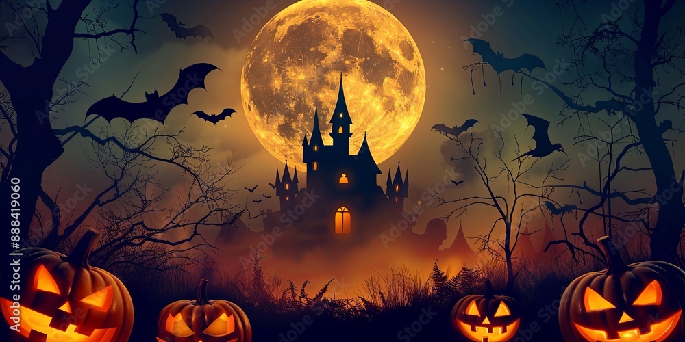 Fototapeta premium A Halloween scene featuring spooky pumpkins, Dracula's castle, and bats silhouetted against a full moon