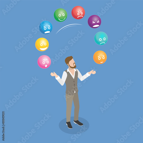 3D Isometric Flat Vector Illustration of Juggling Emotions, Emotional Intelligence, Balancing Multiple Responsibilities and Situations