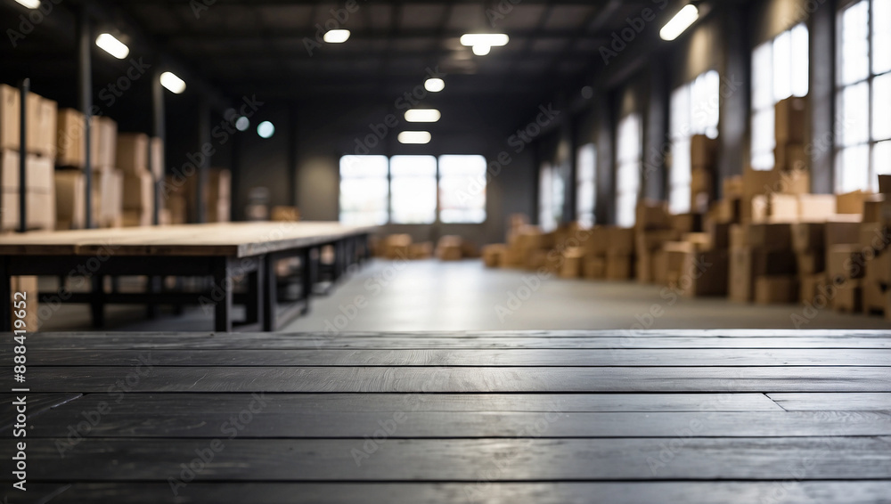 Obraz premium empty and clean black wooden table with blurry warehouse