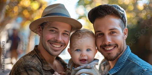 Two Men Smiling and Holding a Young Baby in an Autumnal Setting