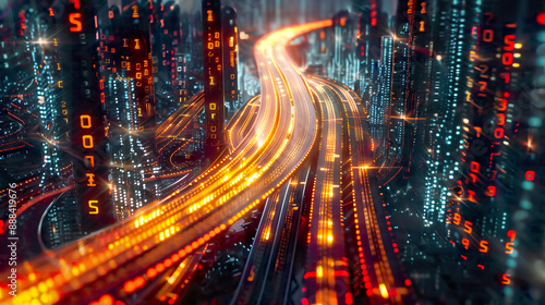 An advanced 3D rendering of an abstract highway path cutting through digital binary towers in a cityscape representing big data machine learning artificial intelligence and hyper loop technology.