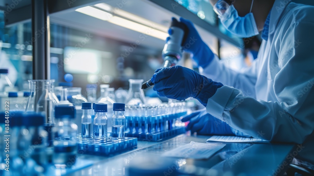 Scientists examine DNA samples in the lab. They wear blue gloves and use test tubes to conduct research in molecular biology. Scientists examine DNA samples in the lab. They wear blue gloves and use test tubes to conduct research in molecular biology.