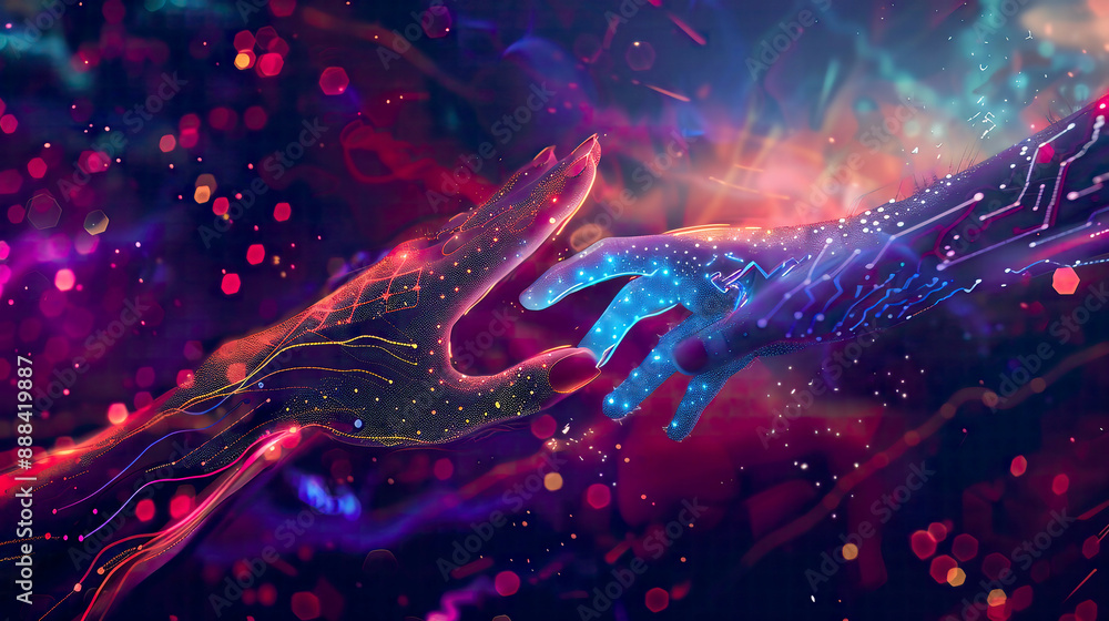 An artistic depiction of a human hand touching a digital hand highlighting the digital transformation concept. An artistic depiction of a human hand touching a digital hand highlighting the digital transformation concept.