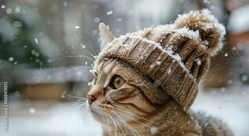 Tabby Cat Wearing a Knit Hat in the Snow