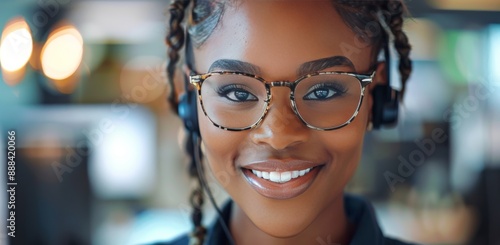 Portrait of a Smiling Black Woman Wearing Glasses in an Office Setting