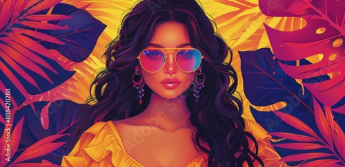 Woman With Long Black Hair Wearing Sunglasses Surrounded by Lush Tropical Leaves