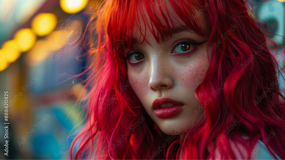 A cute girl, vivid color, red medium length wig with bangs A cute girl, vivid color, red medium length wig with bangs