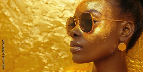Woman Wearing Gold Leaf Mask and Sunglasses