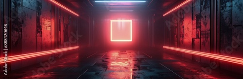 Red Neon Lights Illuminate a Modern Concrete Corridor