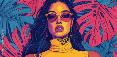 Woman Wearing Sunglasses and Yellow Shirt Against Tropical Leaves Background