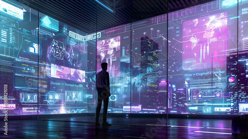 An immersive depiction of artificial intelligence and machine learning in a business setting showcasing the integration of internet technology