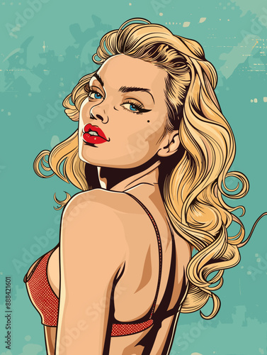 Pop art woman in pin up style. Vector illustration in retro style