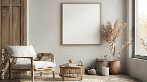 Modern living room with blank framed poster on wall, Mock up poster frame. Concept interior design