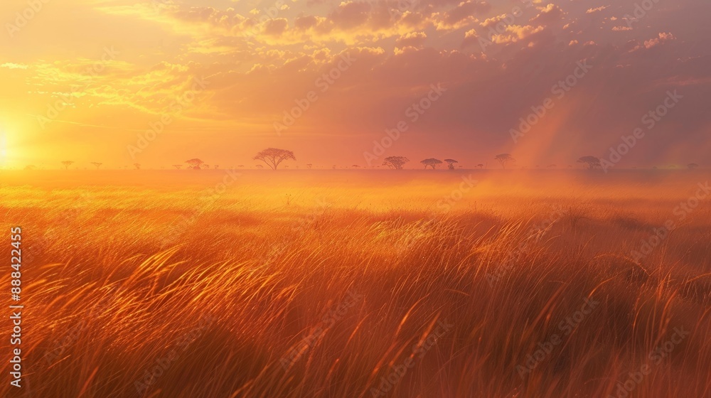 African savannah at dawn or dusk, with tall grass moving in the wind generative ai African savannah at dawn or dusk, with tall grass moving in the wind generative ai