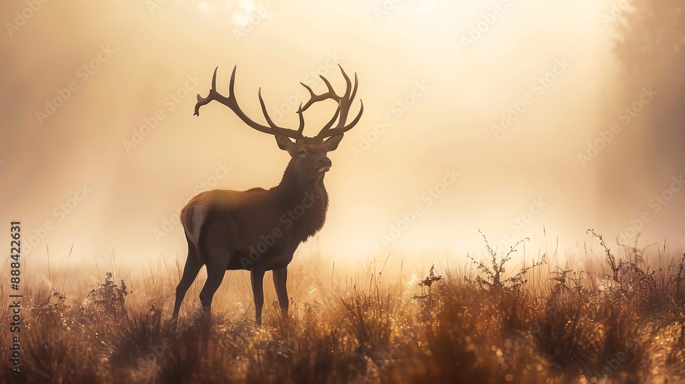 Obraz premium Majestic red deer stag in a misty silhouette