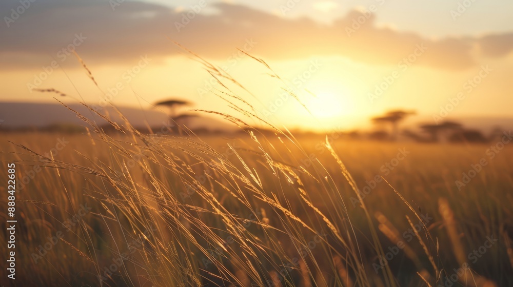African savannah at dawn or dusk, with tall grass moving in the wind generative ai