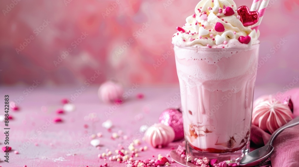 Pink Valentine's Day Milkshake with Whipped Cream and Heart Sprinkles Pink Valentine's Day Milkshake with Whipped Cream and Heart Sprinkles